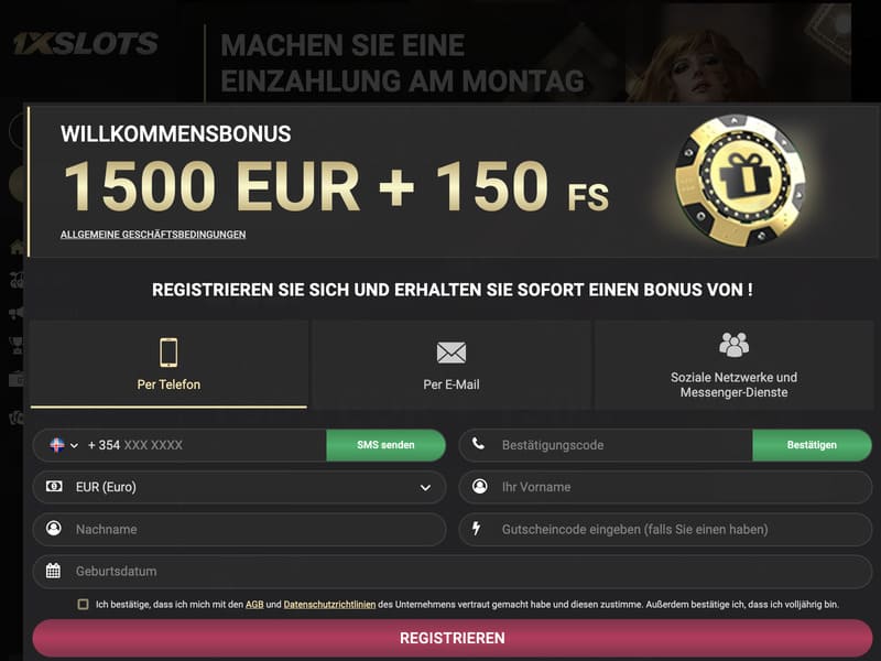 Registrierung auf der offiziellen Website des 1xSlots-Casinos