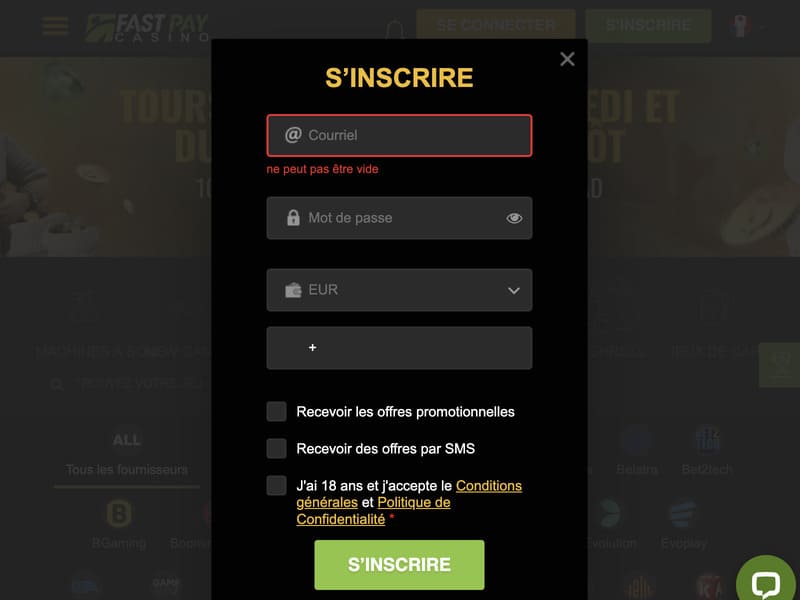 Inscription au casino en ligne FastPay