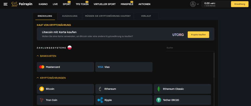 Geld auf Ihr Konto beim Fairspin-Kryptowährungs-Casino einzahlen